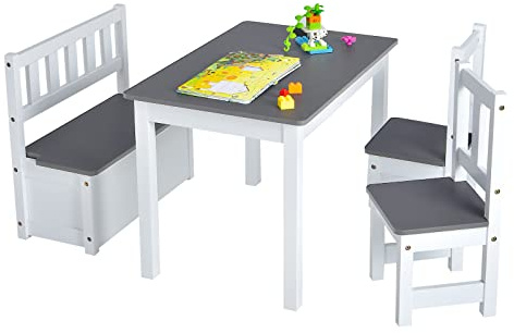 DREAMADE Kindertisch mit 2 Stühlen, Kindersitzgruppe mit 22L Strauraum, Kindertisch aus Holz, Kindertruhenbank Kindermöbelset Holzsitzgruppe für Kinderzimmer, Spielzimmer, Wohnzimmer (Grau)