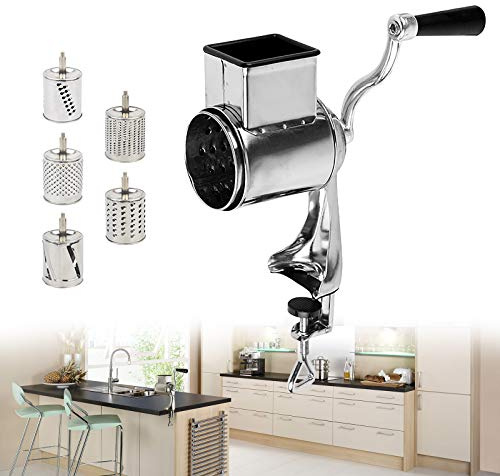 Manuelle Kartoffelreibe Reibemaschine KüChenmaschine GemüSeschneider Drum Trommelreibe Salat Reiben Drehreibe KäSereibe NussmüHle Trommelschneider 5TrommeleinsäTze Manual GemüSe Schneider (Silber)