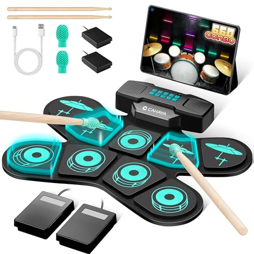 CAHAYA Elektronisches Schlagzeug für Kinder mit MIDI & Handgriff: Aufrollbar E-Drum-Set 9-Pads für Kinder Mit 2 Pedal, Stereo-Lautsprecher, Kopfhörerausgang, 10h Akkulaufzeit - CY00387-1