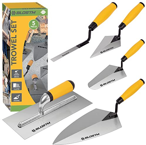BLOSTM Maurerkellen-Set, 5-teilig, Ziegelfugenwerkzeug, Messkelle, Putzkelle – aus robustem Karbonstahl – Maurerwerkzeuge mit weichen Griffen (5 Stück)