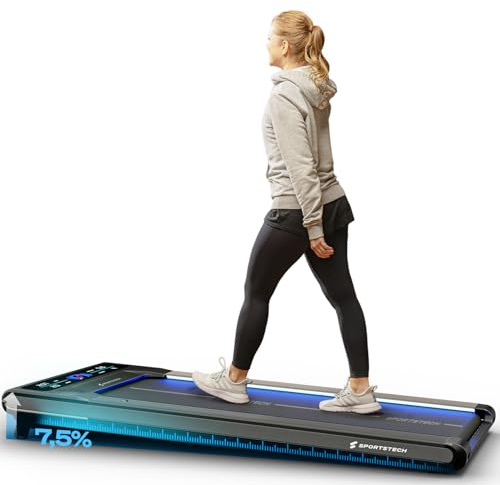 sWalk Walking Pad Laufband mit LED - Deutsche Qualitätsmarke - 1-6 km/h Geschwindigkeit mit interaktivem LCD-Display & App kompatibel - Flexibles Under Desk Schreibtisch Treadmill für Zuhause &Büro