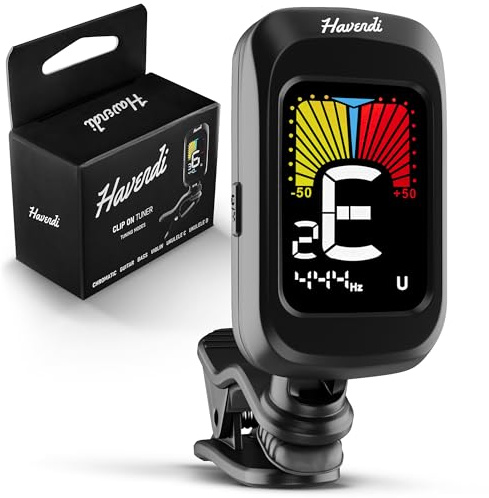 Havendi Stimmgerät Clip On I Stimmgerät Gitarre, Bass, Geige & Ukulele I Präzises Tuning mit Farbdisplay & 360° Drehung I Inkl. Batterie – Gitarrentuner chromatisch für Musiker