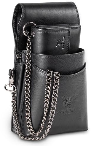MATADOR Kellner Geldbörse Leder #VICIO inkl. XXL Kellnertasche mit Gürtel Schlaufe, Luxus Kellnerportemonnaie Leder mit edler Geschenk Box und RFID Schutz inkl. robuster Metall Kette, Schwarz Nappa