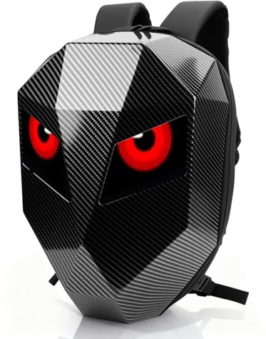 WODHMIEY LED Rucksack Motorrad Geschenkidee für Männer Jugendliche, Programmierbarer Pixel Display Helmrucksack mit 3D Hartschale, Wasserdichter Laptop Tagesrucksack für Reise Schule Alltag Schwarz