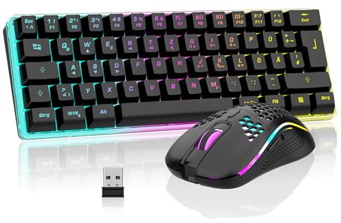 RedThunder 60% Kabelloses RGB Gaming Tastatur und Maus Set, QWERTZ DE Layout, Wiederaufladbare Funktastatur mit Ultraleichte Gaming Maus mit Wabenkonstruktion, für PC MAC PS5 Xbox Gamer, Büro.