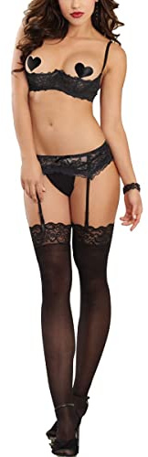 ROSVAY Sexy Dessous Set Spitze für Damen 4TLG Regal-BH mit Nippel Schild Strumpfgürtel Strümpfe und String, Strapsen Reizwäsche für Frauen, Lingerie Unterwäsche Set für Cosplay Rollenspiel Schwarz