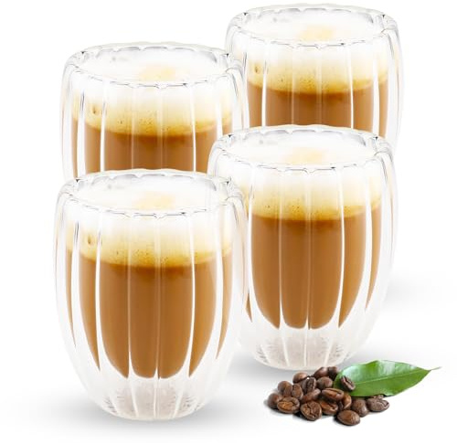 Gerippte Doppelwandige Kaffeegläser,4 Stück 330ML Latte Macchiato Gläser Cappuccino Tassen Für Lattes Tee Soda Wasser