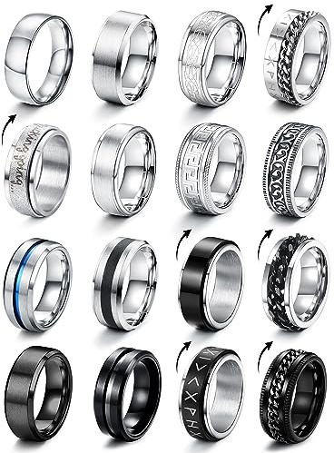 CASSIECA 16Pcs Ringe Herren Spinner Ring für Herren Ring Männer Größe 54-70 | Edelstahl Ring Herren Spinner Ring Herren Eheringe Verlobungsring Partnerring Trauringe Keltischer Biker Wikinger für Männer