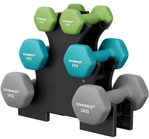 SONGMICS Kurzhantel Set, Hexagon, mit Hantelständer, 2 x 1 kg, 2 x 2 kg, 2 x 3 kg, mattes Finish, Neopren-Beschichtung, Krafttraining, zu Hause, limettengrün, aquamarin und hellgrau SYL612GN
