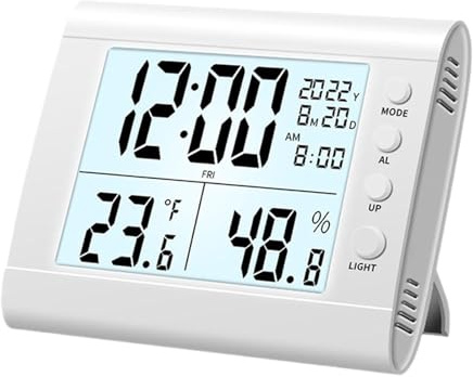Sharplace Digitale Uhr mit Thermo-Hygrometer, Wetterstation Funk mit Alarm | Große LCD-Anzeige, Badezimmeruhr mit Luftfeuchtigkeitsmesser, mit Batterie & Timer, Für Küche, Badezimmer und Schlafzimmer