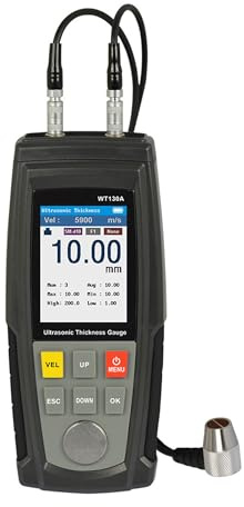 WT130A Thickness Gauge Meter, 1,2-300mm Messung, Ultraschall-Dickenmessgerät 2.5P mit Spezialsonde für Gusseisen, für kommunale Rohrleitungen, Schiffe und die Instandhaltung von Eisenbahnschienen