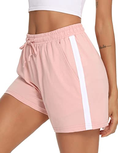Litherday Shorts Damen Sportshorts Kurz Hosen Streifen Jogginghose Sommer Traininghose mit Taschen Elastischer Bund und Atmungsaktive Shorts zum Fitness, Running, Gym, Basketball, Rosa, S