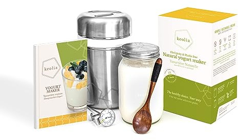 Keolia Joghurtbereiter ohne Strom, Joghurt Starter-Set aus Edelstahlbehälter, Einmachglas, Thermometer, Bambuslöffel + Book Rezeptbuch
