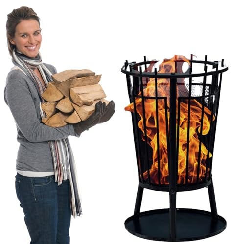 Robuster Feuerkorb Feuerstelle Eisen 61x40 cm Feuerschale mit Funkenschutz und Bodenplatte & HLKauf-Block – Ideal für Lagerfeuer, Garten & auf der Terrasse