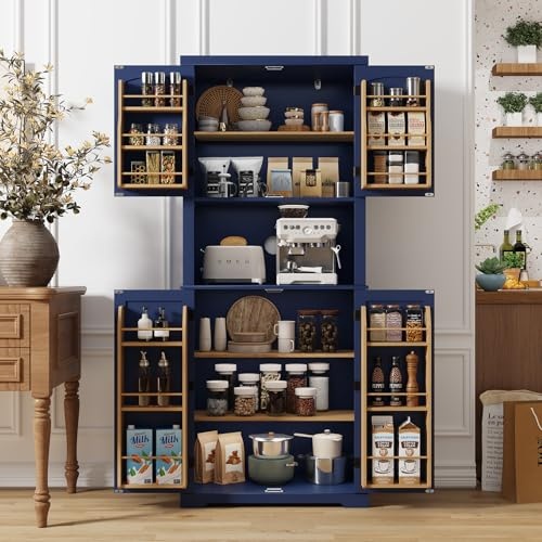 HOLTICO Küchenschrank mit Arbeitsplatte, Hochschrank Küchenbuffet buffetschrank, Esszimmerschrank, Speisekammer mit Türen und Regalen für Esszimmer, Waschküche, Wohnzimmer, Blau