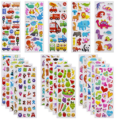Meafeng 3D Aufkleber für Kinder Kleinkinder Lebhaft Relief Kinder 24 Verschiedene Blätter über 600+ Farbig Aufkleber 3D für Jungen Mädchen Lehrer, inkl. Zahlen Buchstaben Dinosaurier Autos usw