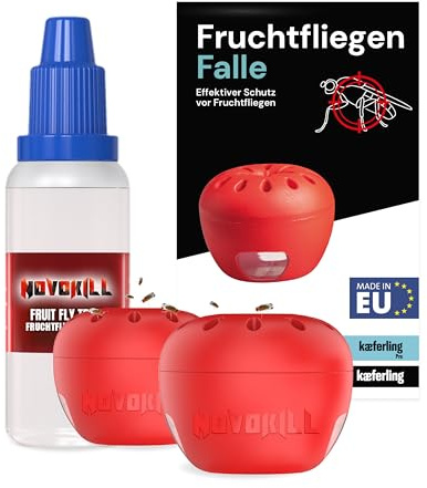 Novokill Fruchtfliegenfalle 2X Fallen + 30ml Lockstoff – Wiederverwendbare Fallen – 50 Tage Wirkung – Obstfliegenfalle für Küche – Effektiv Fruchtfliegen bekämpfen