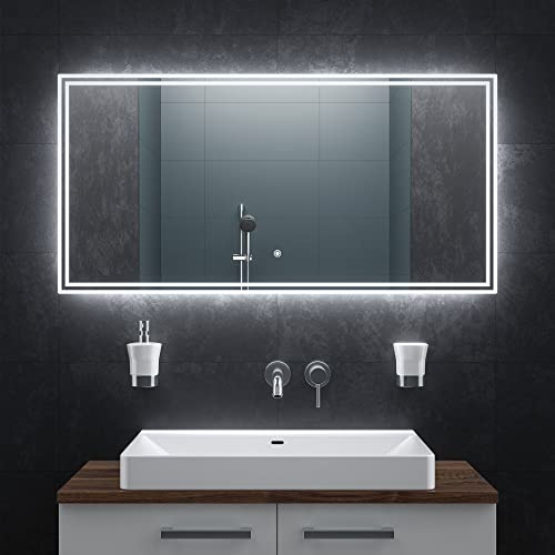 BR Bringer LED Badspiegel - 120x60 cm - Badezimmerspiegel mit Beleuchtung und Anti-Beschlag Funktion - Dimmbar, Energiesparend, 3 Lichtfarben, Touch-Schalter und Speicherfunktion (Modell: BRS107)