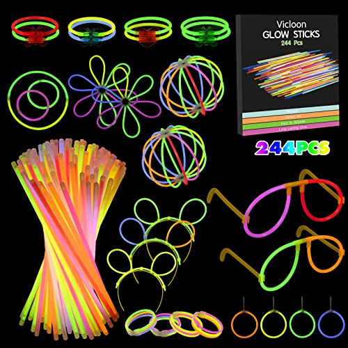 Vicloon Knicklichter Party Set, 100 Neon Leuchtstäbe mit 144 Verbinder, 7 Tolle Farben Knicklichter Kinder, Brillen, Ohrringe viel Zubehör für Hochzeiten Festivals Party Halloween Weihnachten Deco