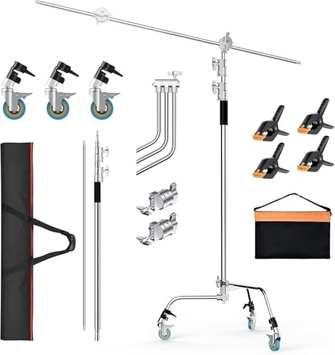 EMART C Stand 330cm, Verstellbares Edelstahl-Beleuchtungsstativ mit 126cm Haltearm und Rollbar Umlenkrolle, Heavy Duty Galgenstativ für Fotoreflektoren, Softbox, Monolight, Kamera
