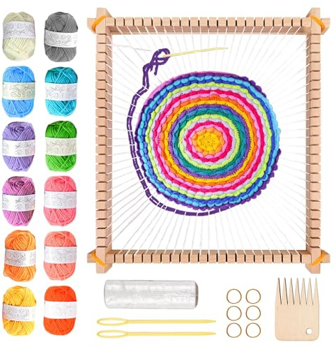 SUNOYA Holz Webrahmen, Webrahmen für Erwachsene & Anfänger, 28 x 25 cm, mit 12 Farben DIY Garn, Nadel, Webkamm, Schiffchen, Ideal zum Weben und Gestalten