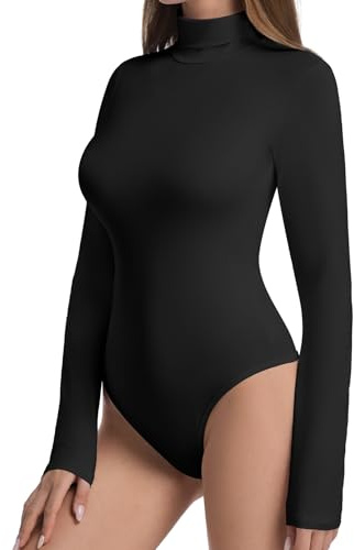ONEW Body Damen Langarmshirt mit Stehkragen Longsleeve Rollkragen Bodysuit Top Basic Unterziehbody Oberteil Unterhemd