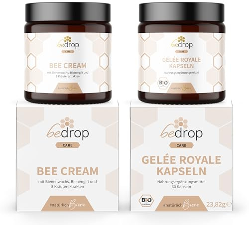 bedrop Wohlfühlset | Bee Cream (Bienengiftsalbe) 100g + Gelée Royale Kapseln 60 Kapseln, reich an Biotin, Folsäure & mehr