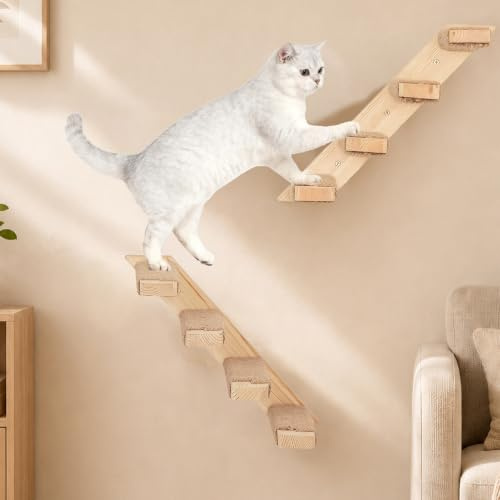 PELUOMOZ 2er Set Katzentreppe Wand, 4 Stufen, Natursisal Seil | Katzen Kletterwand zur Wandmontage, 4 Stufen, stabile Holzkonstruktion, flexible Links Rechts Montage, Sisalseil