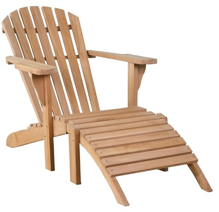 MR. DEKO Adirondack Sessel Montreal Teakholz mit Fußteil | Gartensessel Massivholz Liegesessel Wetterfest | Relaxsessel Holz-Gartenliege Unbehandelt | Outdoor-Sessel | Teaksessel Gartenmöbel