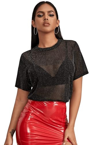 GORGLITTER Mesh Oberteile Damen Durchsichtig Netzoberteil Tops Festival Oberteil Glitzer Top für Outfit Party T-Shirt Schwarz L
