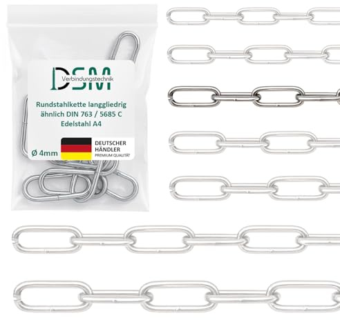 DSM – Rundstahlkette 4 mm Ø – langgliedrig DIN 763 – Edelstahl A4 – 0,5 m | 1 Stück Meterware – Bruchlast 610 kg [TrueSpec Präzision] Edelstahlkette rostfrei für Garten, Boot, Werkstatt & Dekoration