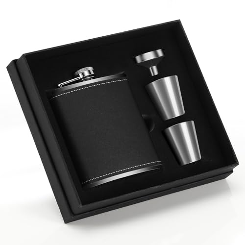 Kasanni Flachmann Edelstahl 8oz/230 Ml Tragbar Mini Flachmann, Mit Zwei Kleinen WeingläSern Und Trichter, Schwarzes Leder Flachmann Klein Stilvoll Zum Wandern