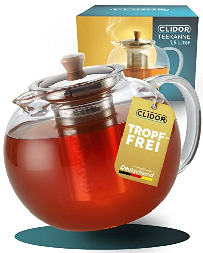 CLIDOR Teekanne mit Siebeinsatz - 1,5 Liter, verstärkte Glasstärke für bessere Isolierung, Teekanne mit Stövchen nutzbar, Glasteekanne, Thermo Teezubereiter, robuster Teapot, Teebereiter (1500ml)