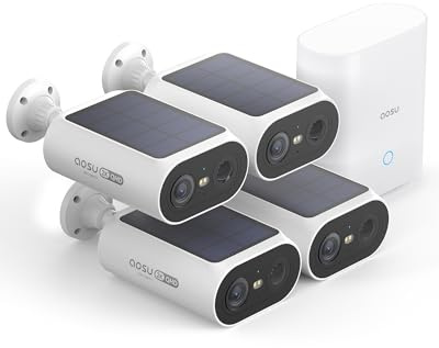 aosu 2K Überwachungskamera Aussen Solar Akku 4 Cam-Kit mit Aosubase Integrierte Solarplatte Kein ABO Erforderlich 32GB Lokaler Speicher AI Personerkennung 2-Wege-Audio Farbige Nachtsicht IP65