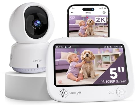 Comfyer BM02 4 Split-Screen Smart Babyphone mit 2K Kamera, 5 HD Display WLAN Kamera Video Babyphone, IR-Nachtsicht, Automatische Verfolgung, Temp Anzeige, Bewegungs/Geräuscherkennung, App 5050mAh