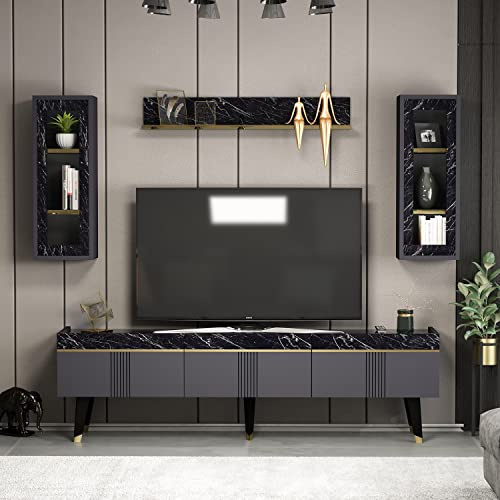Homidea KARYA Wohnwand – Wohnzimmer TV Set – TV Schrank – TV Lowboard – Fernsehtisch - TV Möbel mit 3 Türen in modernem Design (Anthrazit/Marmor)
