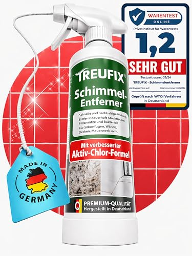 Treufix - Schimmelentferner [Verbesserte Aktiv-Chlor-Formel] Schimmelspray für Wand, Bad, Silikonfugen, Tapete u.v.m. gegen hartnäckigen Schimmel, Stockflecken & Schimmelpilz - Made in DE