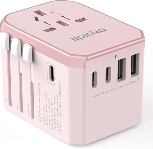EPICKA Reiseadapter Weltweit, Universal Reisestecker Adapter 30W, Internationaler Steckdosenadapter mit 3 USB-C, 2 USB-A, Travel Adapter für Deutschland USA UK Japan Thailand Australien TA-105C Rosa