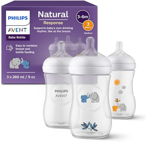 Philips Avent Natural Response Geschenkset für Babys: 3 Natural Response Babyfläschchen (260 ml) mit T3 Saugern (3-6 Monate), SCY903/63