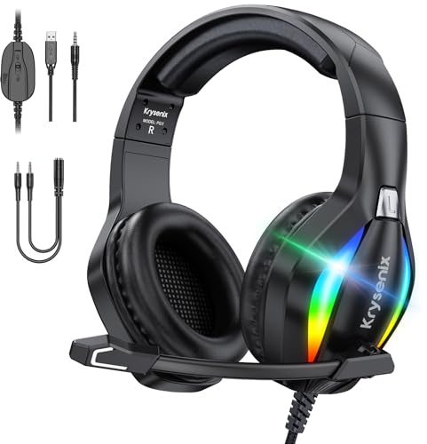 Krysenix PG1 RGB Gaming Headset für PS4, PS5, PC, Nintendo Switch, Xbox, Headset mit Mikrofon, Gaming Kopfhörer mit Mikrofon, Noise Cancelling Kopfhörer mit 3.5mm Klinke Schwarz