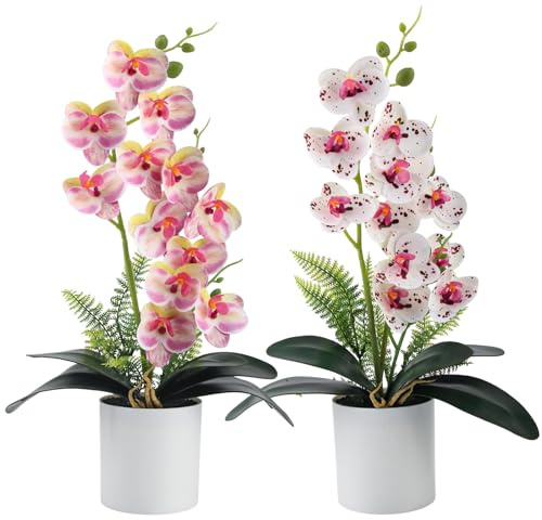 Vaskula Orchideen Künstlich 2 Stück Kunstblumen im Topf 43 cm Künstliche Orchidee in Schale mit Blätter Kunstblumen wie echt Dekoblume Blumenarrangements für Tischdekoration Wohnraum