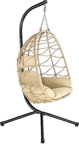HinHocker Hängesessel mit Gestell | Creme | Hängeschaukel für Indoor und Outdoor | Inkl. Kissen und Auflagepolster | Balkon Hängesessel Outdoor, Gartenschaukel, Schaukelstuhl, Hängekorb