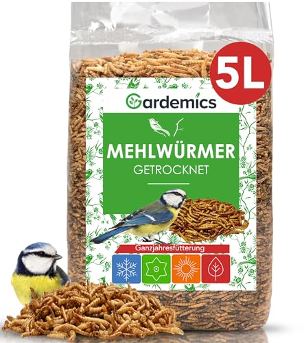 Gardemics Mehlwürmer getrocknet 5 Liter - 800g - Premium Insektenfutter für Vögel, Fische, Schildkröten, Nager, Igel, Reptilien, Vogelfutter Mehlwürmer getrocknet