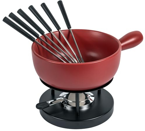 KUHN RIKON Käsefondue Set Classic rot· Ø 23 cm, 2.6 Liter Inhalt, ideal für 4-6 Personen, Set enthält 6 Gabeln, einen Pastenbrenner (ohne Brennpaste), und ein Rechaud