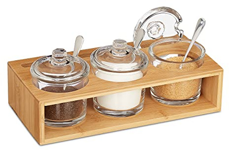 Relaxdays Gewürzgläser 3er Set, mit Bambus Halter, Glas Zuckerdose mit Löffel & Deckel, Salzbehälter, natur/transparent, 10032147, 11 x 27 x 13 cm