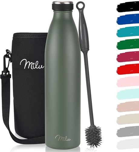 Milu Edelstahl Trinkflasche 350ml 500ml 750ml 1L, 1,5L Thermosflasche Isolierte Wasserflasche Auslaufsichere Isolierflasche doppelwandig Kohlensäure geeignet – inkl. Reinigungsbürste (Olivgrün, 750ml)