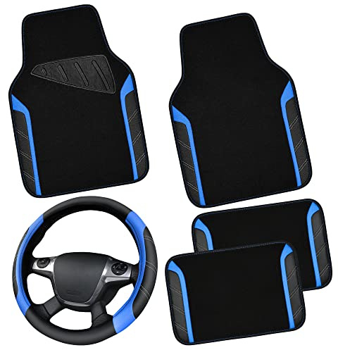 CAR PASS Leder Lenkradbezug und wasserdichte Auto Fußmatten, Mikrofaser Universal Auto Combo passend für 95% LKWs SUVs Autos, 36.8-38.1CM Sportlich Anti-Rutsch Design(Schwarz Blau)