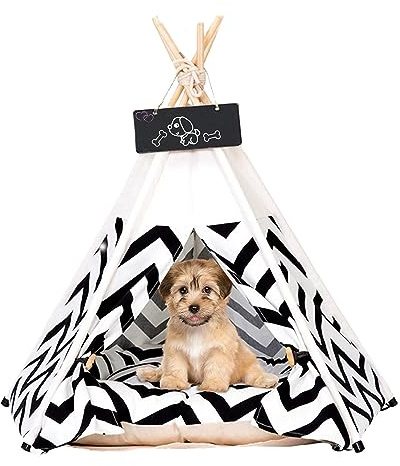 Tipi Zelt für Haustiere Hundezelt Katzenzelt 60x60x70cm Haustierzelte Häuser mit Doppelseitigem Kissen Abnehmbar und Waschbar Haustierbett Wegklappen Haustier Hundebett Katzenbett
