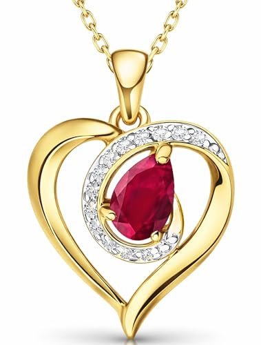Limana Goldkette Damen mit echtem Rubin Edelstein – Zirkonia Akzente, aus 925 Silber vergoldet, Herzkette/Herz Kette mit Anhänger, Halskette, Schmuck Geschenk für Frauen & Freundin