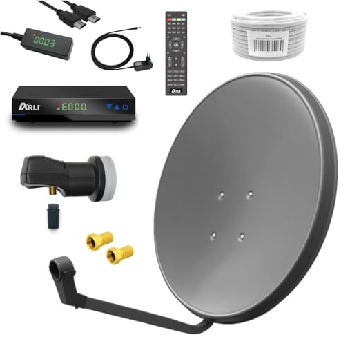 ARLI Digital Sat Anlage 60 cm Spiegel inkl. ARLI AH1 HD Receiver + Single LNB + 10 m Koax Kabel + 2 F-Stecker vergoldet 1 Teilnehmer Set dunkelgrau anthrazit Camping Antenne 1 Teilnehmer